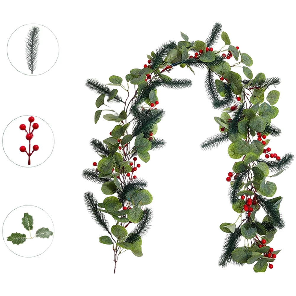 Christmas Garland 175cm Red Berries Green Pine Needles Silk Flower for Indoor Outdoor Festive Party Decoration