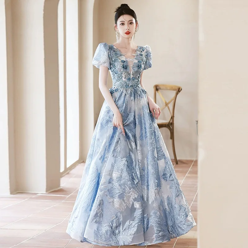 

Blue Flowers V-neck Evening Dress New Female Dinner Birtdhay Party Dresses Princess Style Graduation Ceremony Host Dress