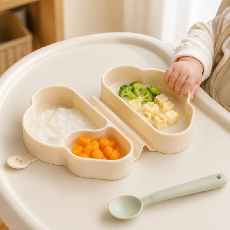 Silicone Infant Feeding Plate with Foldable Design, 3 Compartments and Suction Base for Independent Eating Practice on 15UB