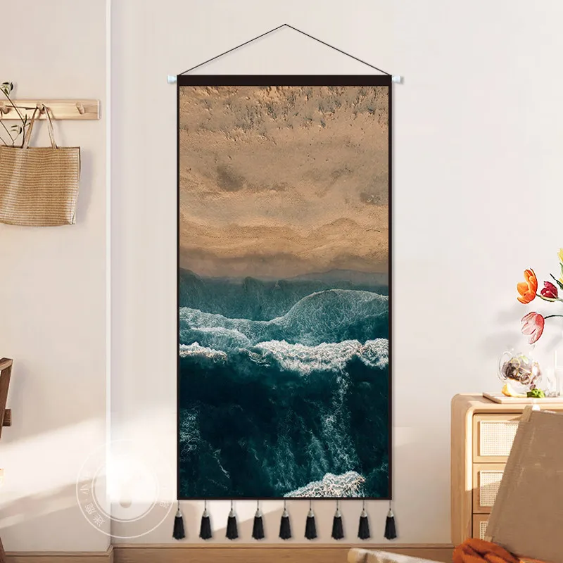 Aesthetic Ocean View Wall Art - Tapestry with Fringe, Bohemian Coastal Decor, Large Wall Hanging for Yoga Studio and Apartment