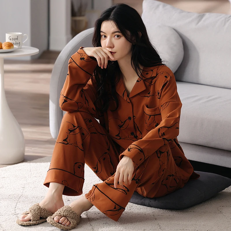 Clear white warm orange cartoon print women's pure cotton pajamas spring and autumn home wear long sleeved cardigan loose XXL