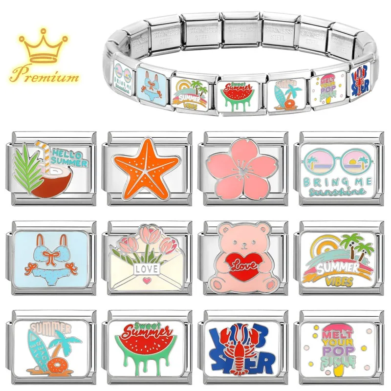 Y2K Pink Flowers Watermelon Summer Italian Charm Link Fit 9mm Stainless Steel Module Women's Bracelet DIY Making Jewelry Gifts