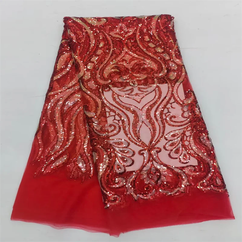 

Красный африканский мягкий тюль с блестками, кружевная ткань высокого качества, французская сетчатая кружевная ткань, 5 ярдов, нигерийская сетчатая кружевная ткань для женских вечерних платьев