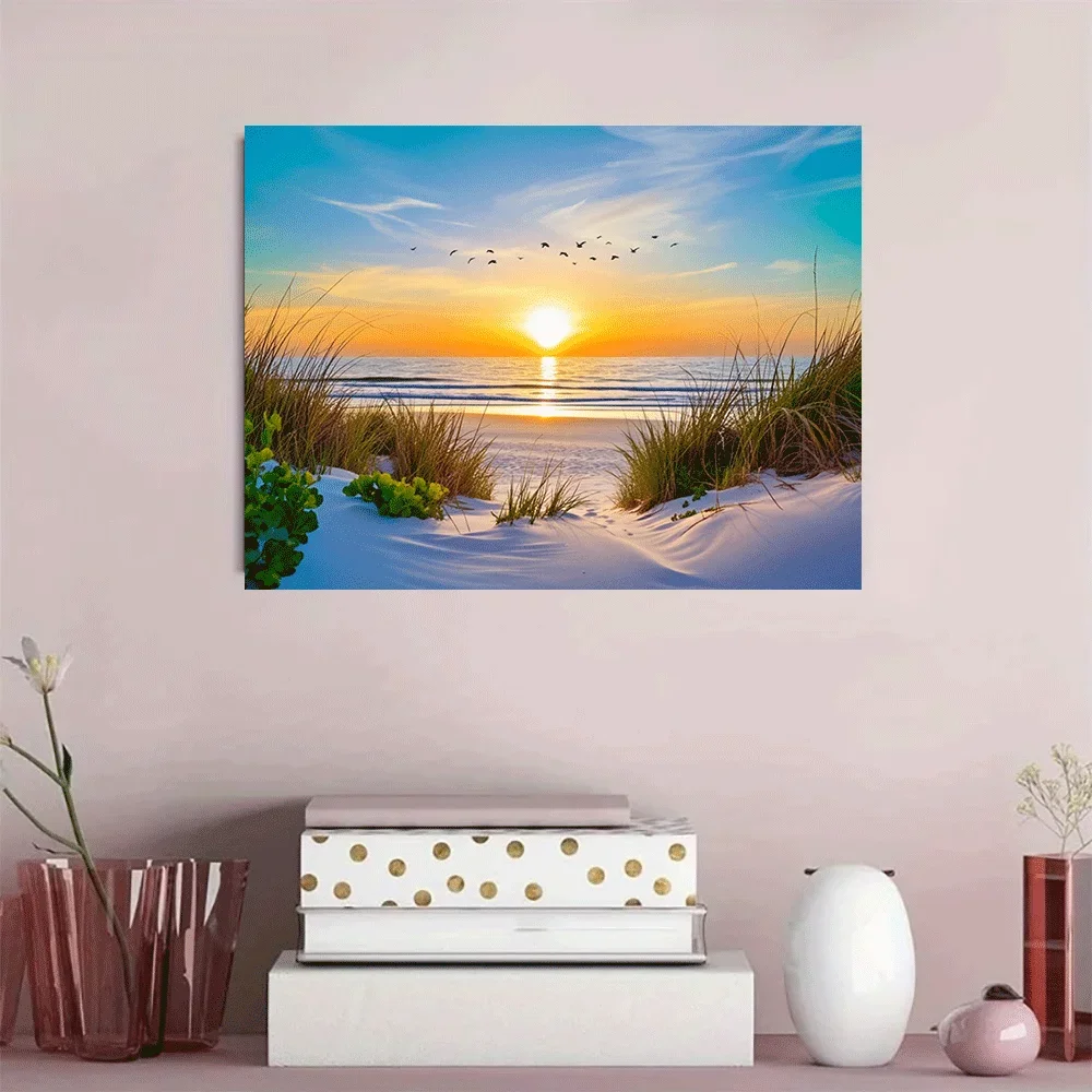 1pc frameless Canvas Painting 1PC-Unframed Canvas poster wall decoration Beach Sunset Waves Sand Dunes Birds Nature Summer Peace