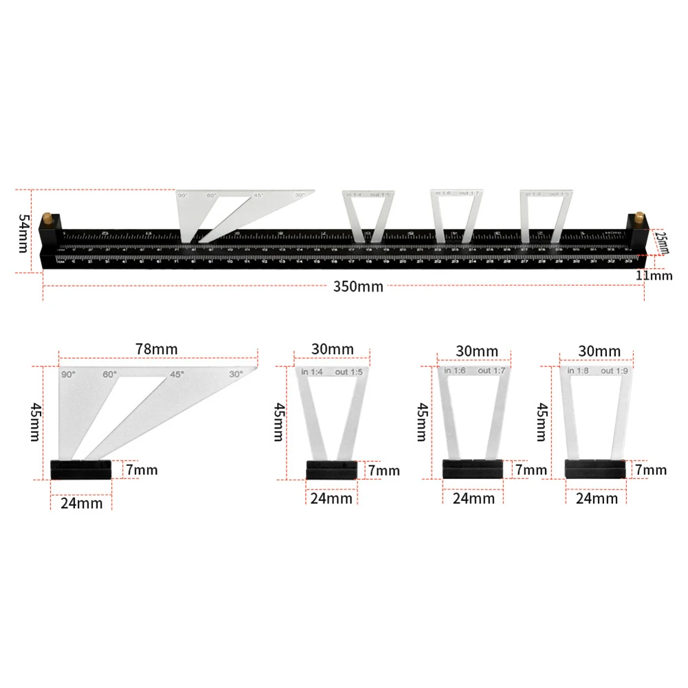 28pc Dovetail Tenon Marking Ruler 6 Proportion Adjustable Tail Joint Marking Gauge Stable Template Support For Carpentry Marking