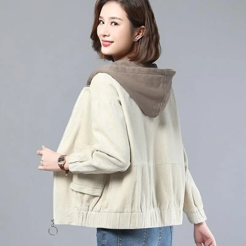 Women Classic Corduroy Patchwork Hooded Jackets Autumn Witner Loose Casual Hoodies Big Pockets New Chic Short Jackets Outwears