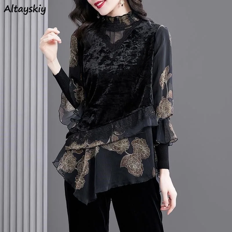 

Velour Blouses Women Black Floral Embroidery Patchwork Long Sleeve Tops Ruffles Stand Graceful Fsahion High Street Vintage Ins