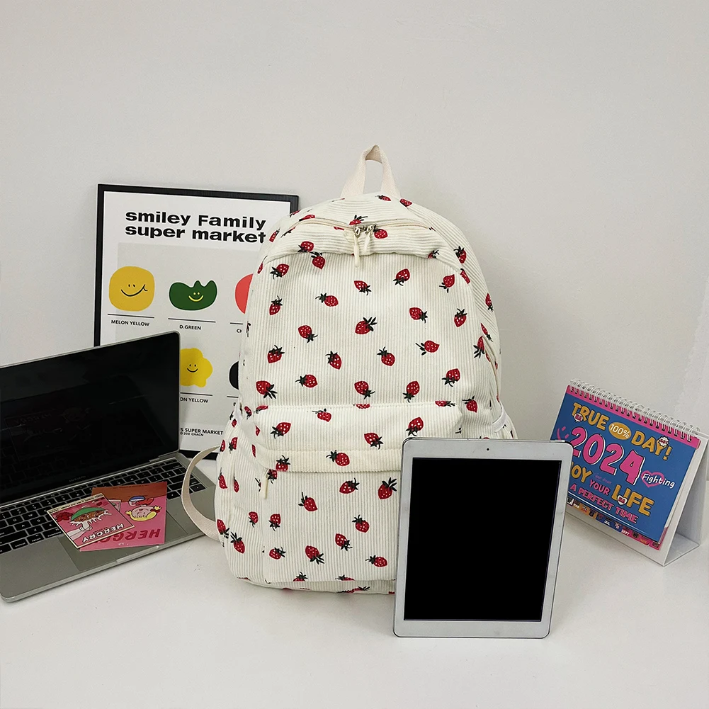 Corduroy Strawberry Backpack Stylish Laptop Backpack Multi-pockets Fashion Teenagers Daypack Adjustable Strap for Outdoor Travel