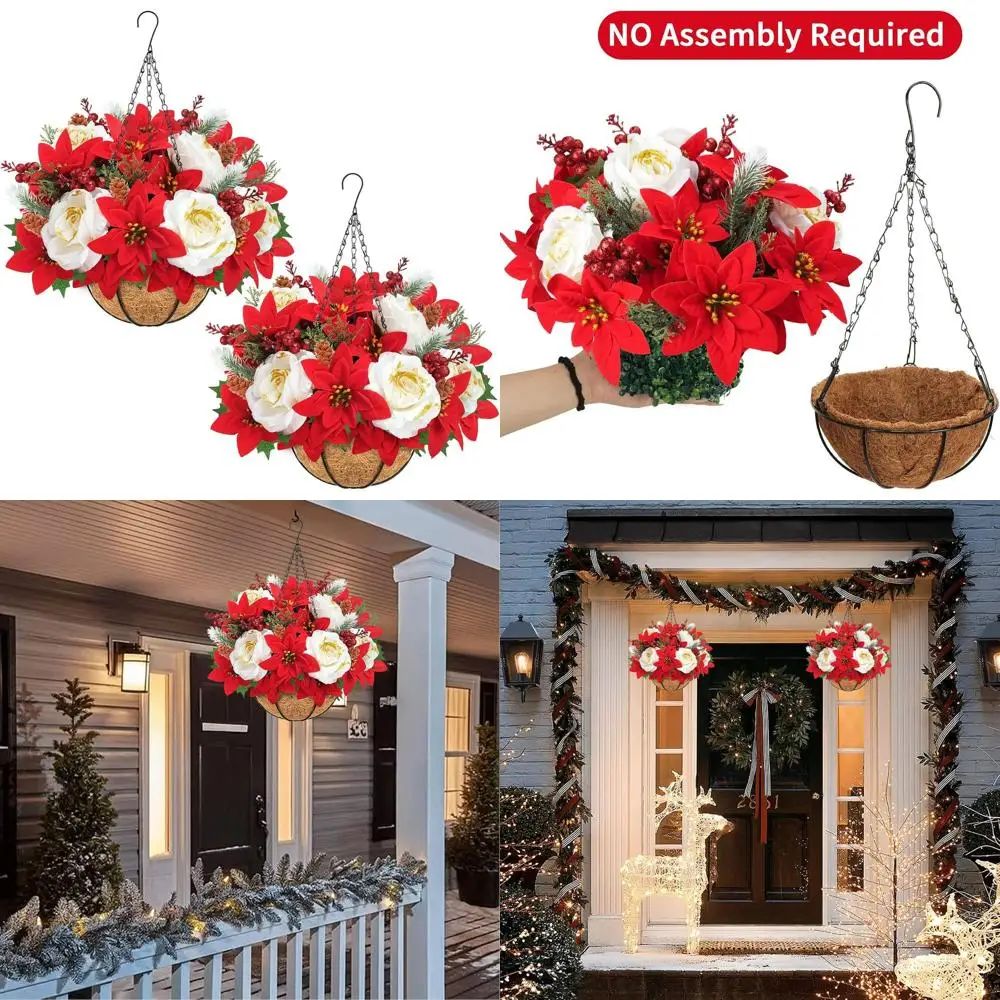 

Outdoor Christmas Hanging Baskets with Artificial Poinsettias and Roses for Winter Front Door, Patio, and Garden Decor