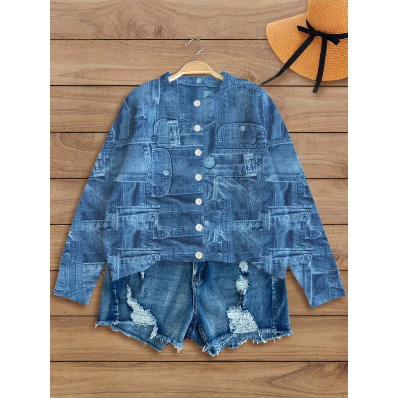 

Denim Print Digital Print Women's Knit Cardigan Thick & Loose Fit Round Neck Long Sleeve Fall & Winter Casual Style