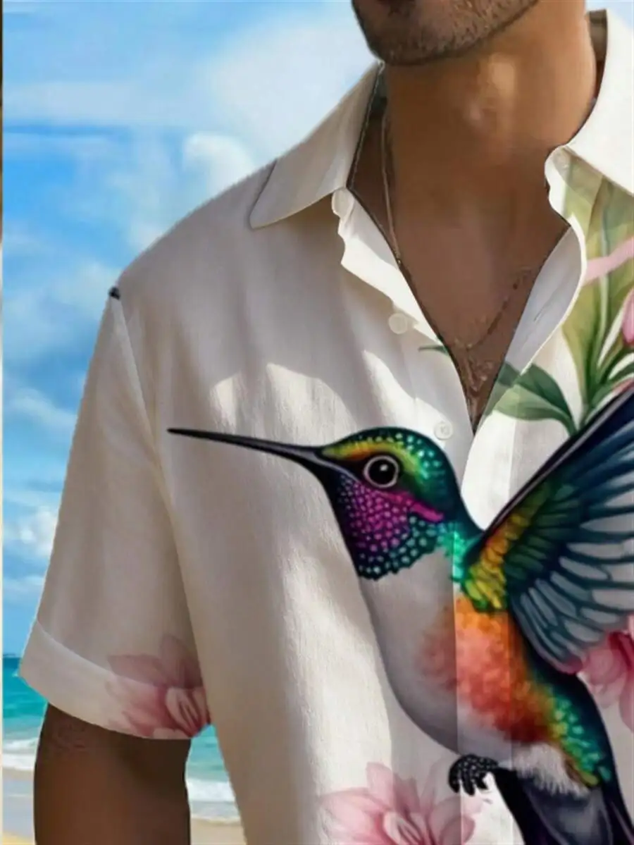 

Mens Hawaiian Shirt With 3D Hummingbird And Pink Floral Print Casual Short Sleeve Button Down Summer Beachwear