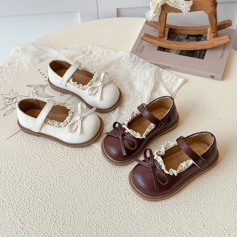 

Girls' Leather Shoes 2025 Spring/Autumn New Lace Bowknot Elegant Kid's Princess Shoes Soft Sole Fashionable Children's Shoes