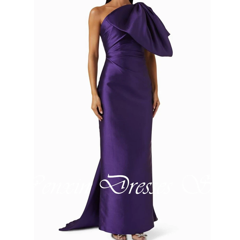 Elegant Solid Purple Color Satin Bow Evening Dress One Shoulder Straight Strapless Sweep Train Pleats Short Sleeves Floor Length