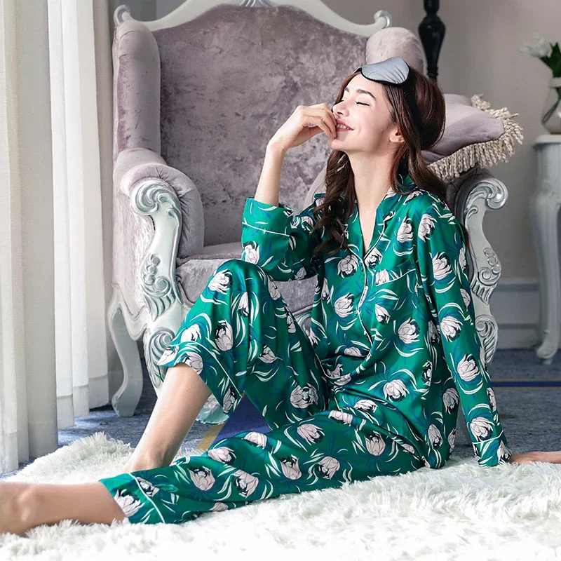Floral Print Silk Pajamas for Women Long Sleeve Long Pants Autumn Winter 100% Mulberry Silk Sleepwear Set Luxury Loungewear PJs