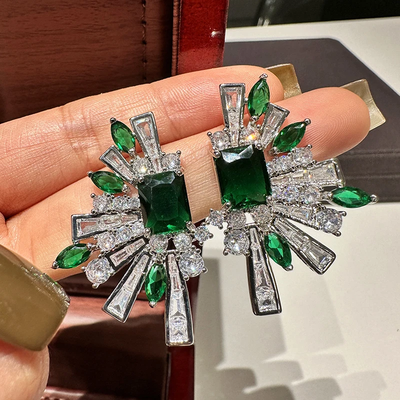 Silver Tone Radiant Green Crystal Stud Earrings Multi Cut Clear Zircon Burst Design Women Daily Jewelry