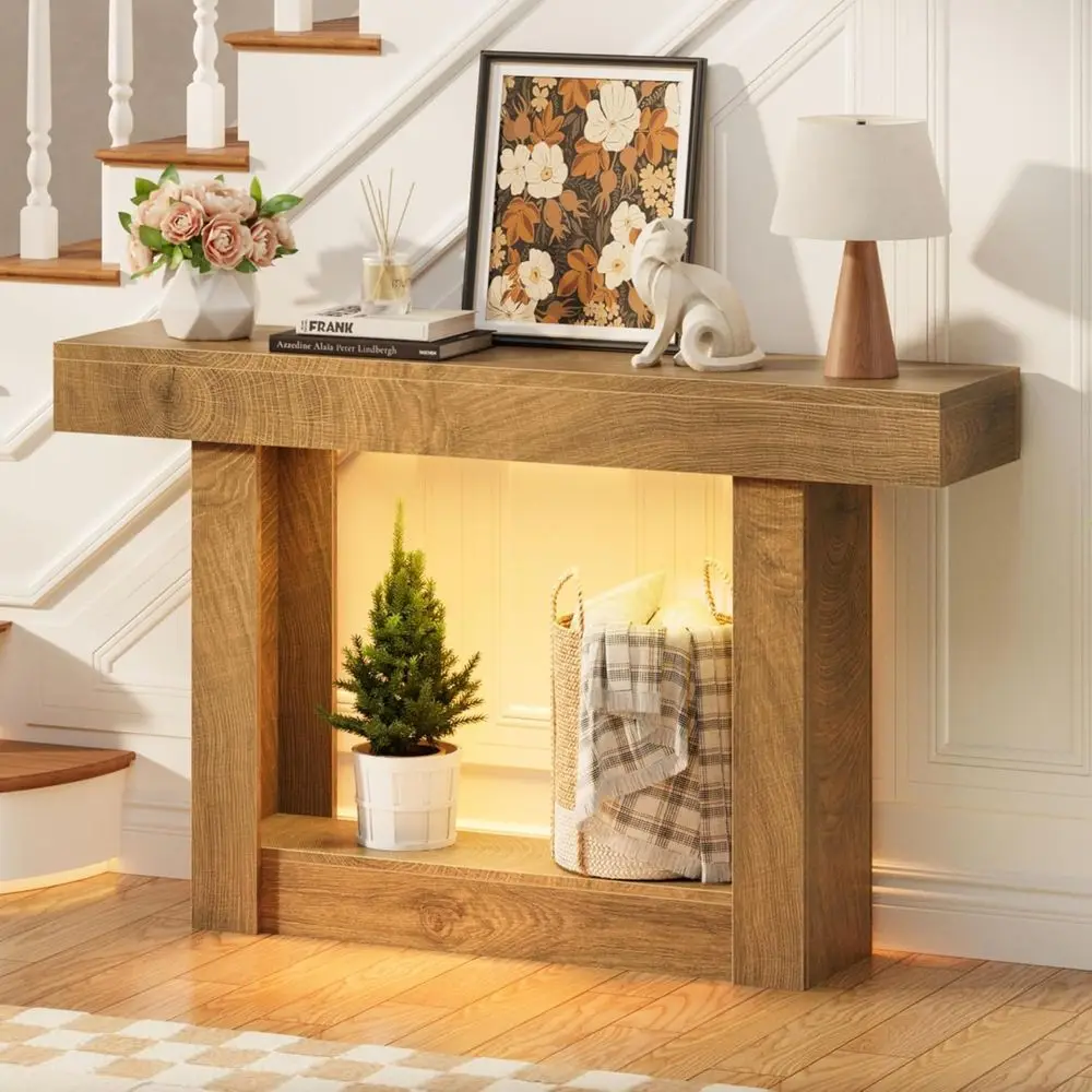 47.2 Two-Tier Entryway Table with Outlet and Sensor Light, Open Storage for Living Room/Entrance, Natural Oak Finish