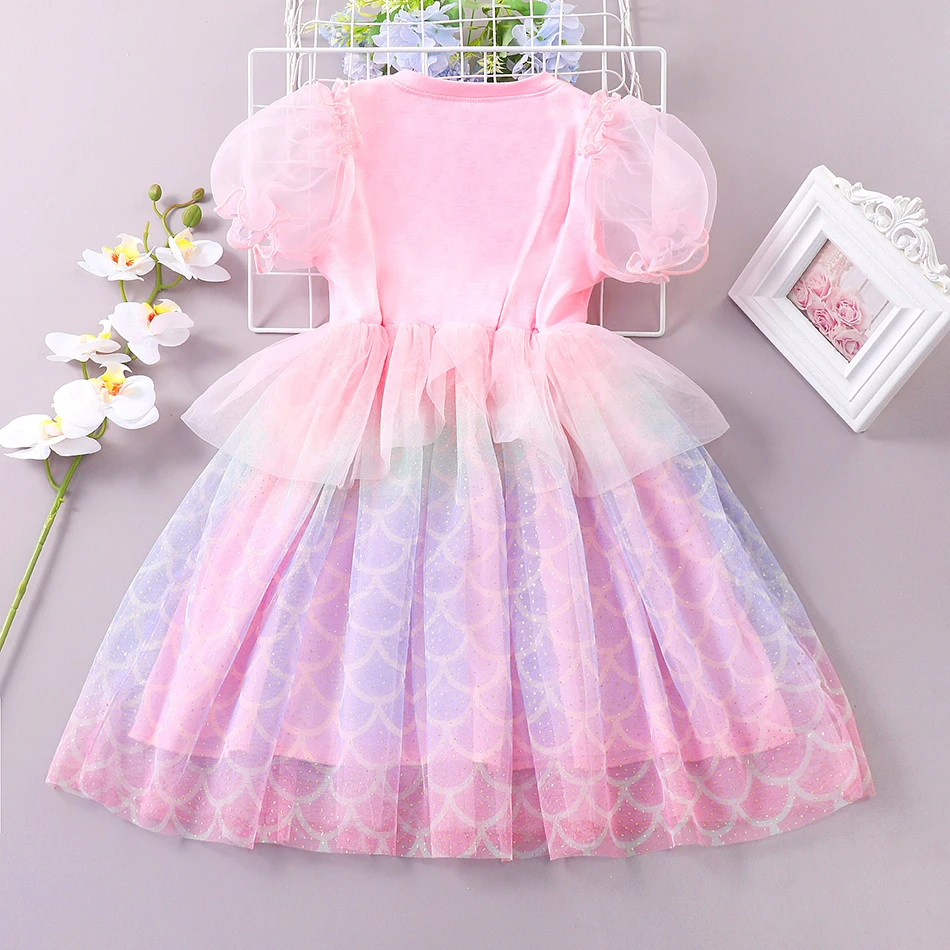 2-10Years Girls Princess Dress 2024 New Puffy Sleeve Tutu Mermaid Clothes for Children Summer Daily Party Wearing Tulle Dresses