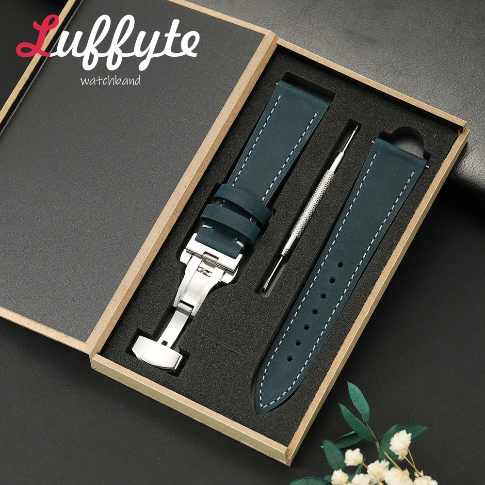 Quick Release Crazy Horse Genuine Leather Men Replacement Watchband 18mm 20mm 22mm With Butterfly Buckle and Gift Box