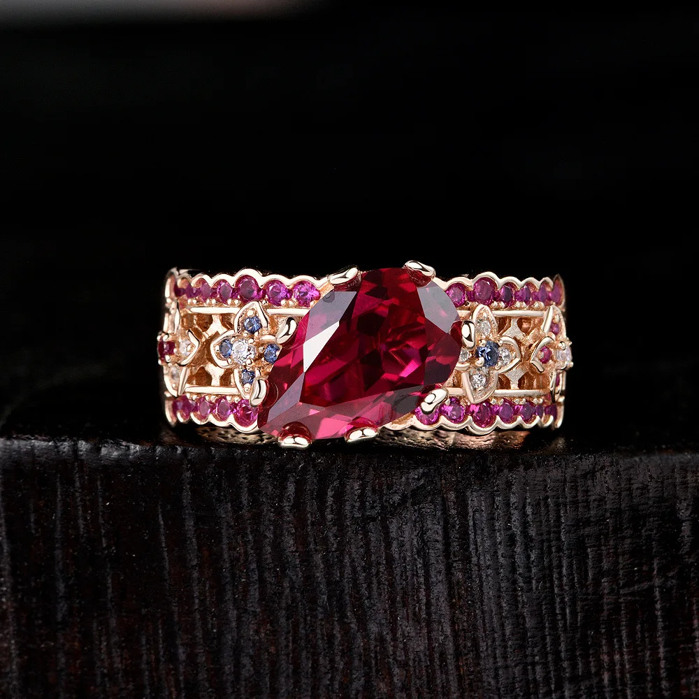 

New S925 Silver Di Home Cultivate Ruby 4-carat Water Drop 7 * 11 Rose Gold Light Luxury Ring Wedding Jewelry