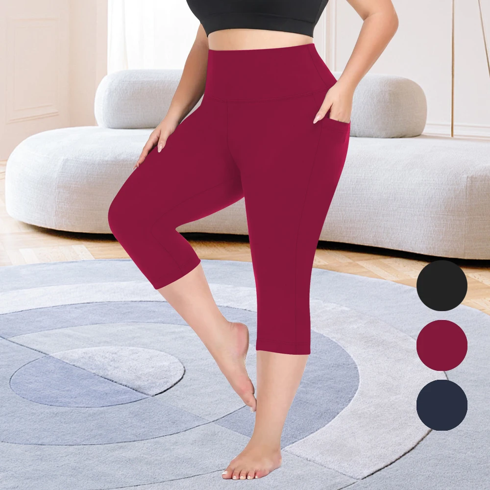 3 Pack Plus Size Sports Leggings Set, High Waist Yoga Pants With Pockets, Tummy Control Workout Running Yoga Leggings For Women