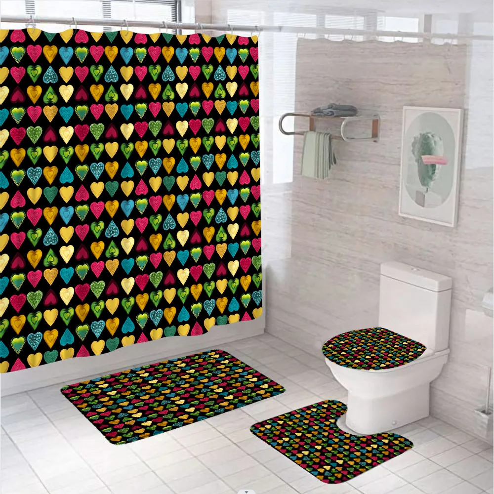 Valentine's Day Love Heart Bathroom Curtain Set Holiday Party Home Decor Shower Curtain Non-Slip Rug Flannel Carpet Toilet Cover