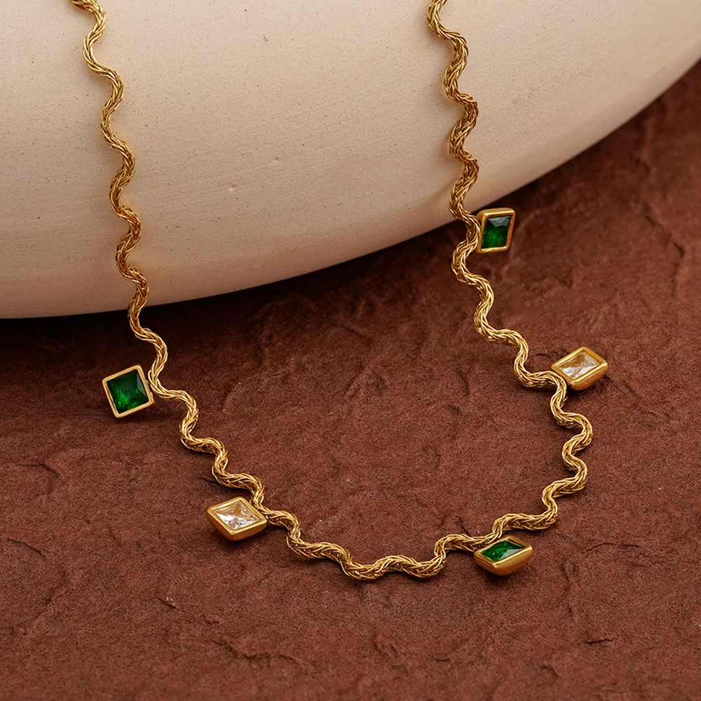 ENFASHION Para Mujer Wave Chain Square Zircon Necklace For Women's Stainless steel 18K Gold Plated Fashion Party Jewelry P253599