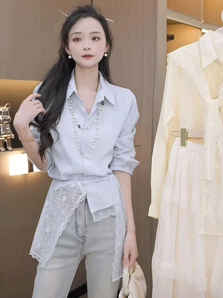 Heben Sle Versatile Lace oulder Wrap irt Women's Spring Design High End Trendy Blouse Korean Loose Fit Long Sve