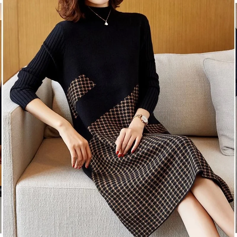 Autumn Winter New Half High Collar Long Sleeve Midi Dress Women High Street Plaid Printing Dresses Elegant Pocket Knitting Robe