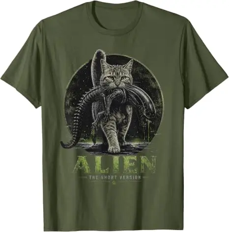 Alien Kurzversion Katze Sci-Fi Horror Parodie Lustiges T-Shirt Y2k UFO Katze Alien Grafik Damen Herren Kleidung Geeks Einzigartiges Neuheiten-T-Shirt – Detail 10