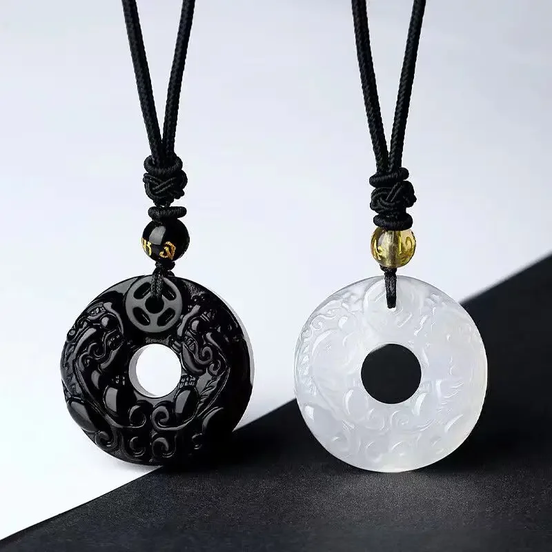 Natural Obsidian Double Pixiu Pendant White Chalcedony Double Pixiu Ping An Explosive Men's and Women's Necklaces