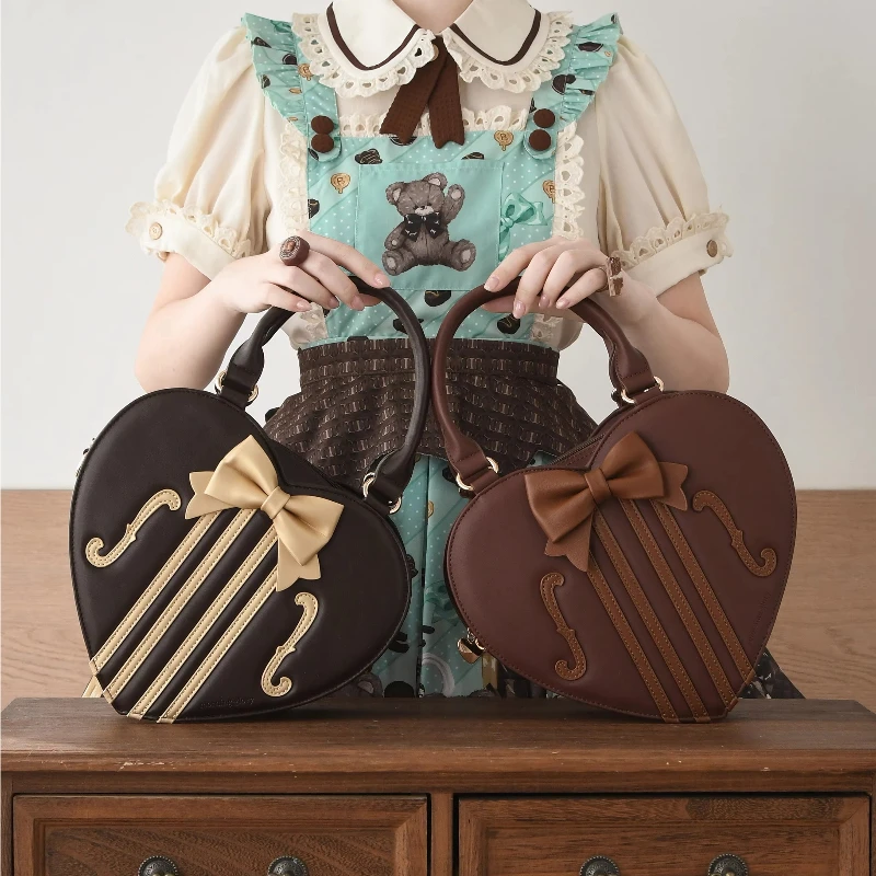 Sweet Lolita Heart Shaped Handbag Violin Pattern Bow PU Leather Crossbody Bag Vintage Women Shoulder Bag for Gothic JSK Dress