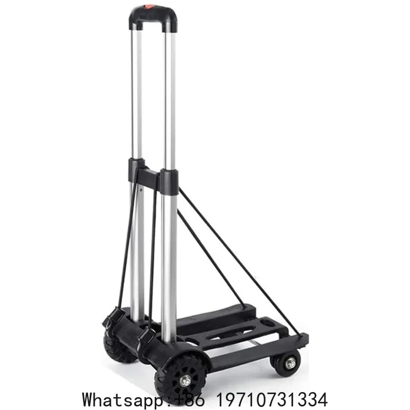 Folding Hand Truck, 4-Wheel Solid Construction Utility Cart with Aluminum Telescopic Rod, Foldable Roller Shopping