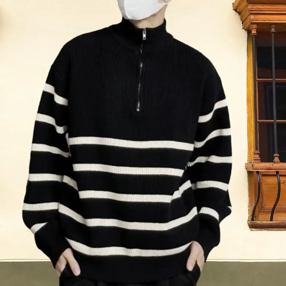 Black White Sweater Men\'s Striped Zipper Stand Collar Sweater Thick Knitted Warm Pullover for Fall Winter Soft Elastic Long