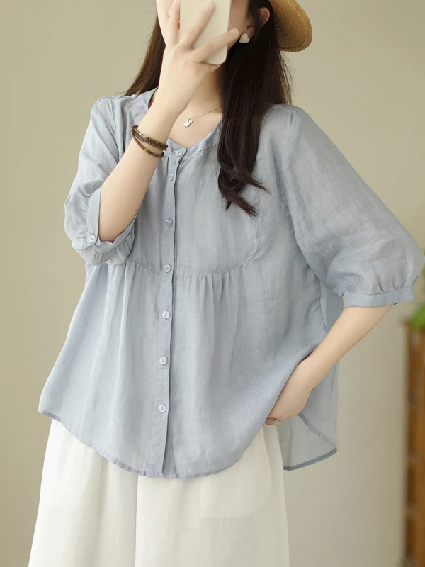 

Женский льняной топ больших размеров, летний легкий дышащий модный милый топ из смеси хлопка, корейский слей на пуговицах