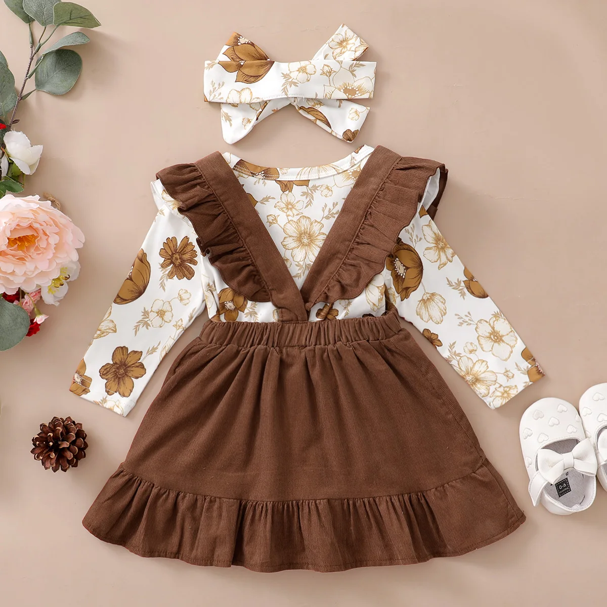 0-12 Months Newborn Baby Girl Set Beautiful Camellia Top+Suspender Skirt+Headband 3pcs Baby Girl Spring and Autumn Fashion Set