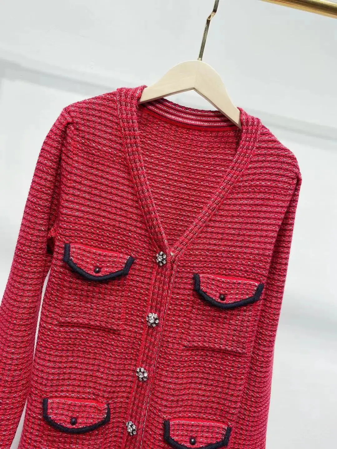 Elegant Lady Red Tweed Dress Vintage Four Pocket Long Sleeve Knit Dress Spring 2023 Casual High Waist Woolen Vestidos for Women