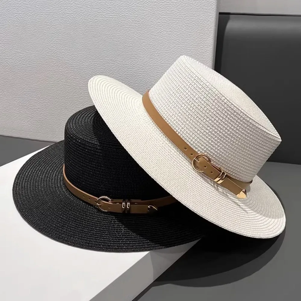 New Straw Beach Hat Casual Wide Brim Flat Top Hat Anti-UV Vintage Sunscreen Hat Gift