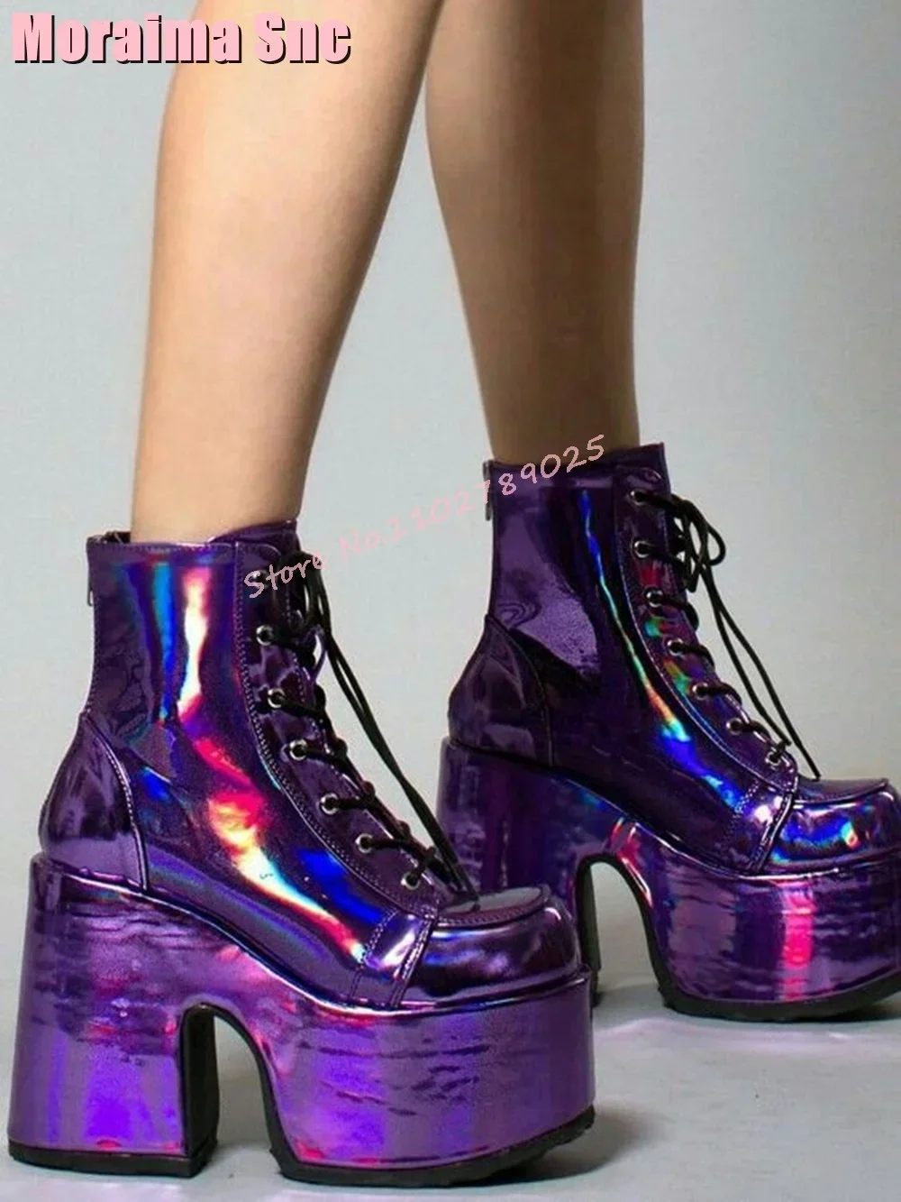 Laser Leather Platform Block Chunky Heel Ankle Boots Round Toe Lace-up Fashion Unique Women's Booties Nightclub Autumn Winter