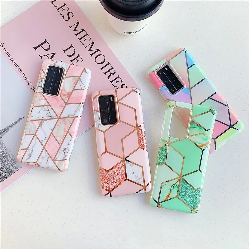 50pcs Plating Geometric Marble Phone Case For Huawei P40 Pro P30 P20 Lite Pro Mate 30 20 Lite Glossy Soft IMD Phone Back Cover