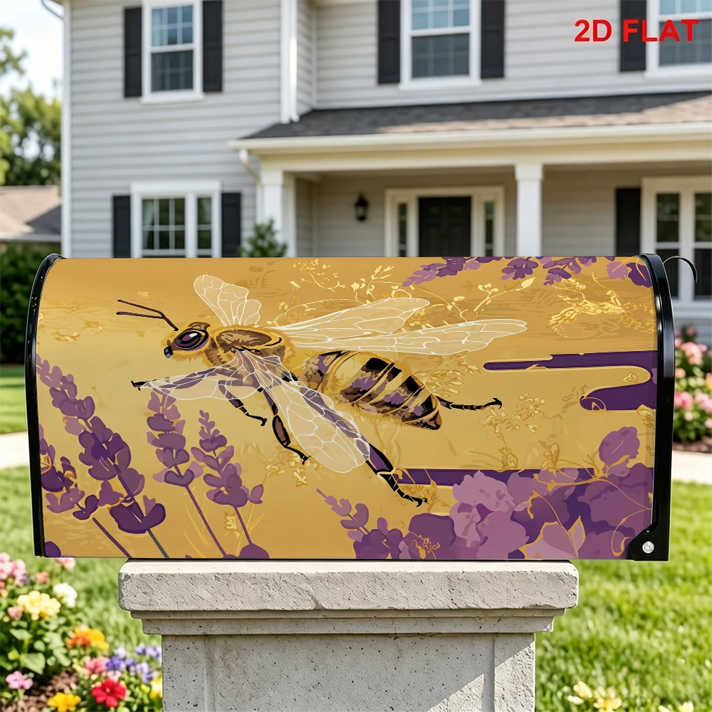 Bee & Lavender Printed Mailbox Cover, Golden Background with Purple Floral & Insect Design
