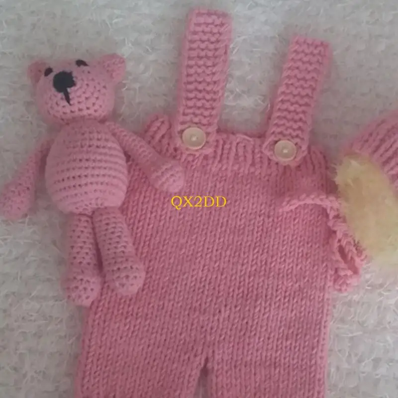 QX2D Newborn Photo Props Bear Ear Beanie Hat Knit Jumpsuit Baby Photography Costume Posing Props Doll Infant Photo Outfits