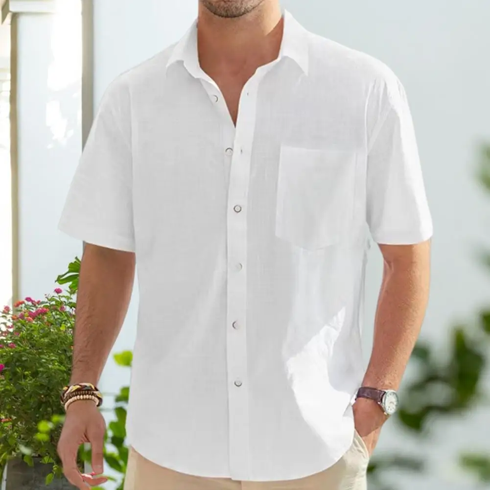 Camisa de praia elegante com gola lapela masculina, blusa casual respirável para escritório ou praia, cor sólida, verão