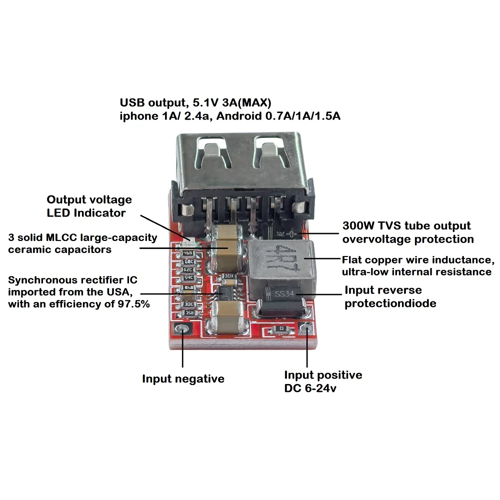 6-24V 12V/24V to 5V 3A USB Step Down Module DC-DC Converter Phone Charger Car Power Supply Efficiency 97.5% Buck Module