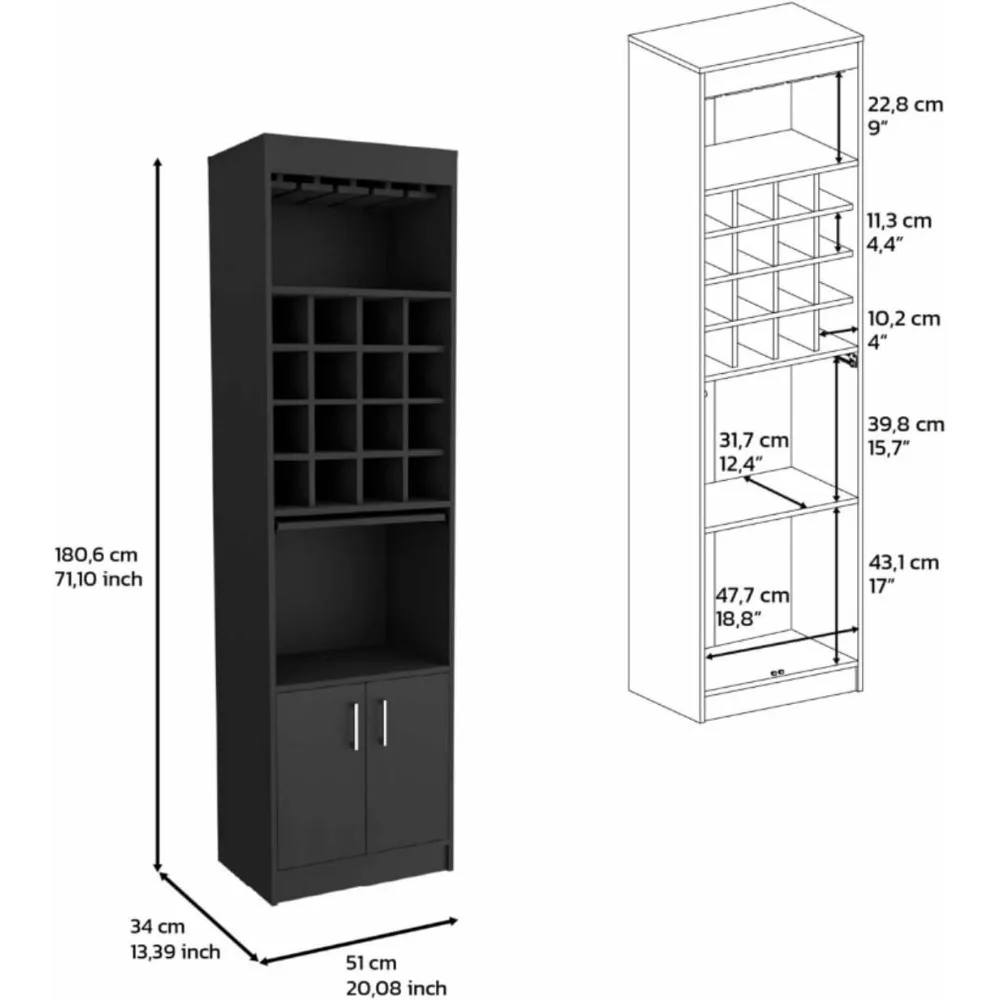 Kabinet Bar Athens Kava, 16 Rak Anggur Bawaan, Kabinet 2 Pintu, 2 Rak, Hitam