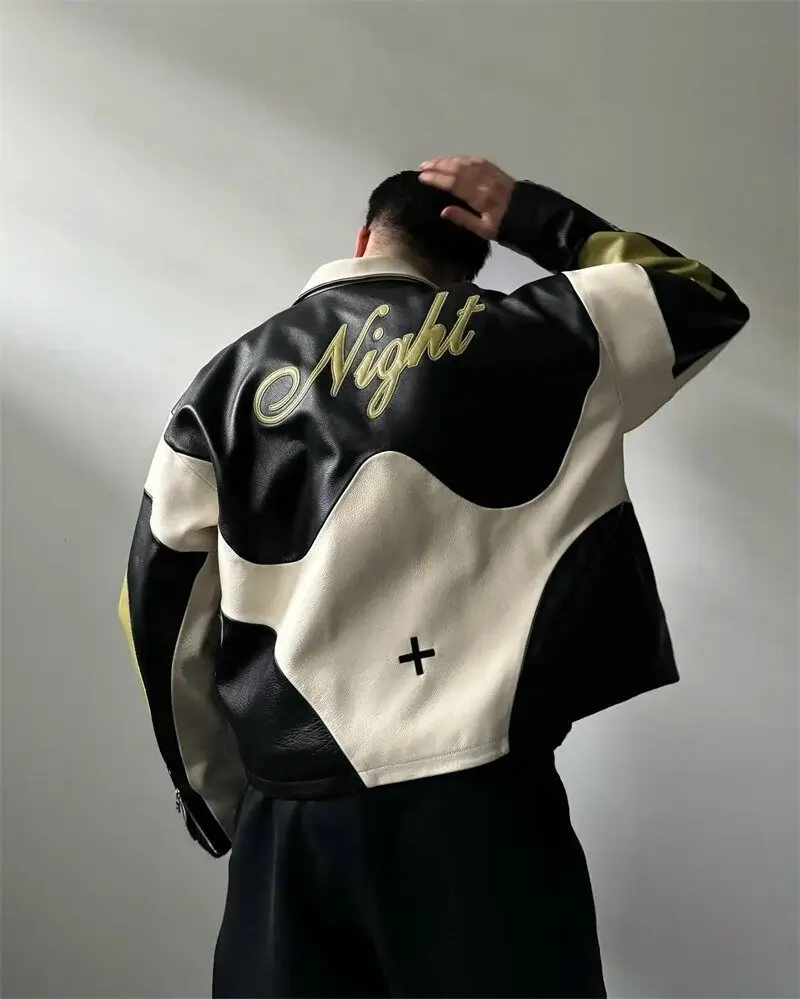 Retro leather Racing Jacket Short Quilted Coat Embroidered Biker Mens Streetwear Sporty Outerwear Fashionable Windproof Coat