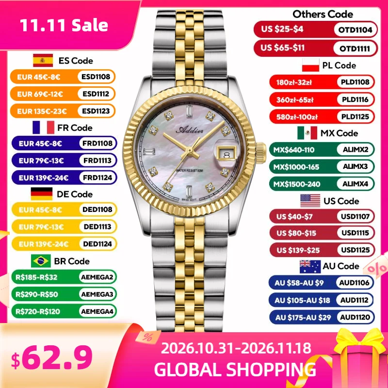 ADDIES 28mm Watch for Woman Sapphire Crystal 585 Quartz 316L Stainless Steel 5Bar Waterproof Sport Fashion Luxury Woman Watch
