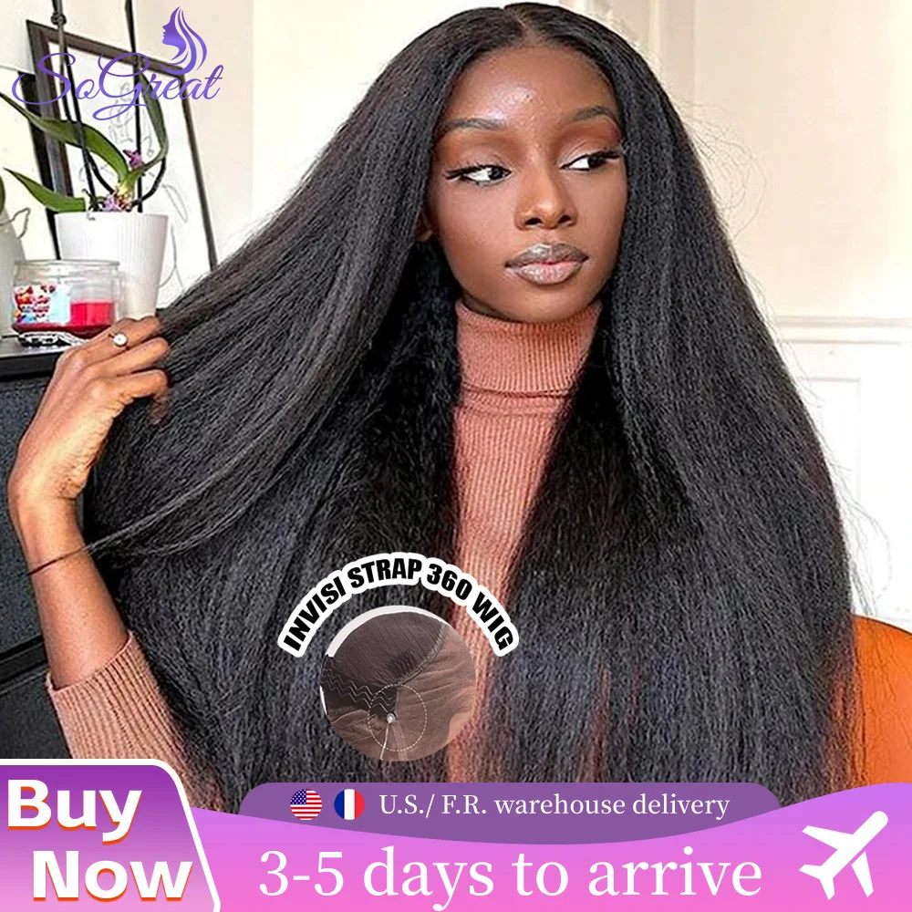 

SoGreat 38 40 Inch 360 Lace Kinky Straight Human Hair Wigs 360 Lace Wig Invisible Drawstring Pre-Plucked Black Wig For Women