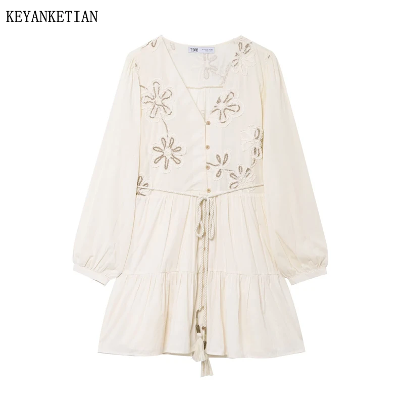 

KEYANKETIAN Spring/Autumn New Women's Flower Embroidery Tassel Lace Up Mini Dress Bohemian Loose Single Breasted A Line Dresses