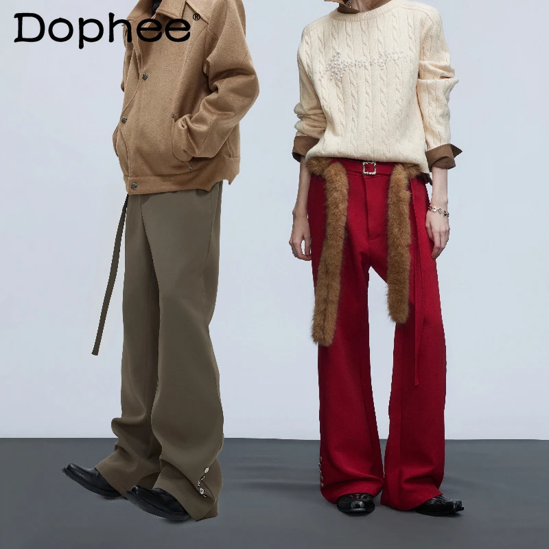 

Men's 2025 Autumn Winter New Flared Trousers Fashion Ribbon Design Trousers Slim Fit Comfort Suit Pants Metal Button Long Pants