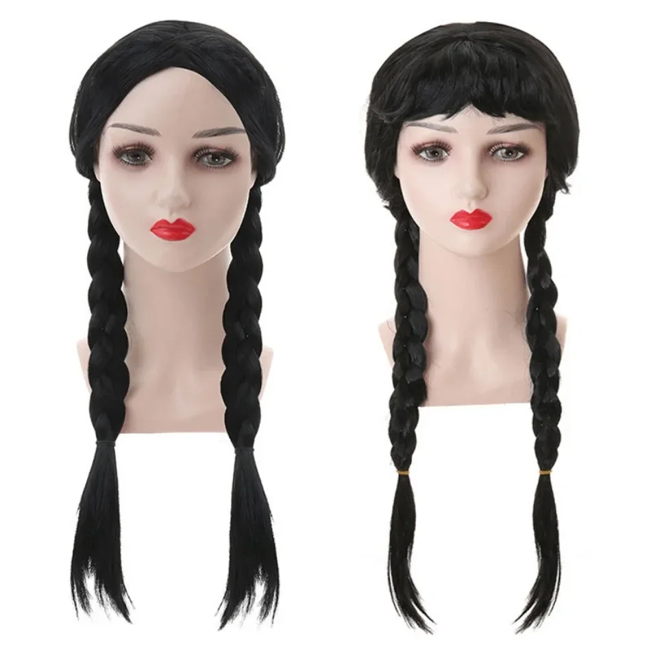 Wednesday Wig For Kids Halloween Wednesday Addams Black Braids Synthetic Hair Cosplay Accessories Crown Necklace Headdress Suit